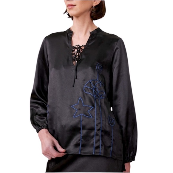 NWT Lingua Franca Embroidered Hudson 100% Silk Long Sleeve Popover Black Size S - Picture 1 of 16